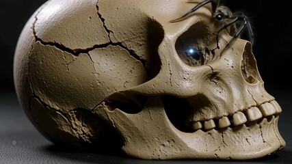 Creepy spider crawling on skull for Halloween horror content, spooky and macabre backgrounds available