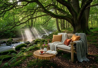 Fototapeta premium Tranquil forest scene with a bench by a stream