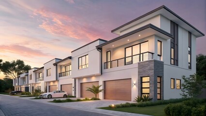 Modern residential neighborhood with elegant houses at sunset