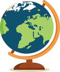 Stylized illustration of a globe showing continents and oceans on a stand