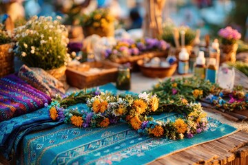 Vibrant Flower Crowns and Artisan Crafts Displayed at a Rustic Market Setting in Golden Hour Light, Capturing the Beauty of Springtime Colors and Natural Elements