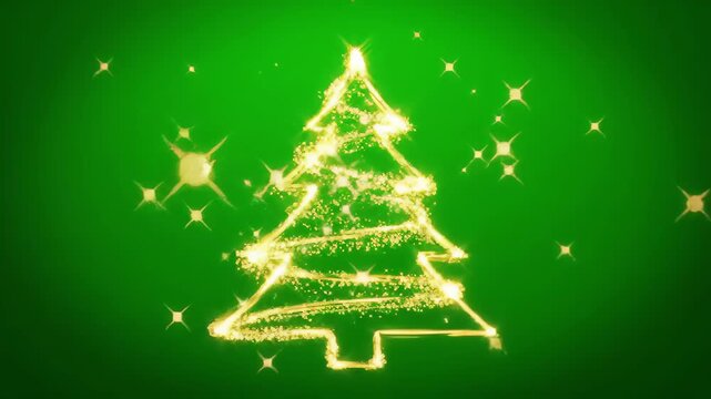 Golden Sparkling Christmas Tree Emerges on Green Festive Holiday Background