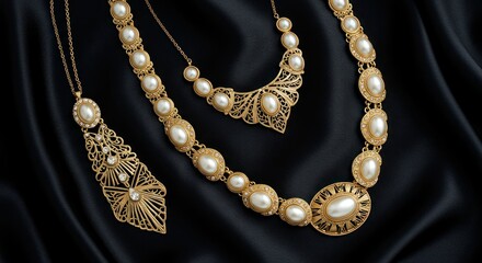 Three goldtone necklaces with pearllike stones lay on draped black fabric Each features filigree design elements