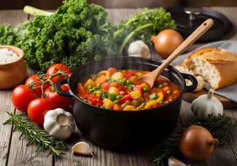 Hearty Vegetable Stew in Pot with Fresh Ingredients Tomatoes, Garlic, Kale, Onions, Bread.
