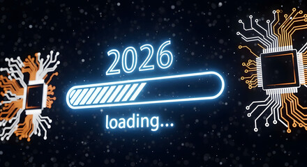 Futuristic 2026 loading screen with glowing neon progress bar and stylized circuit board designs against a anticipating future technology