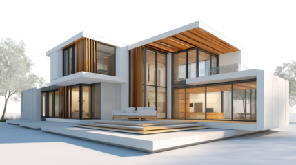Modern Architectural Design: A sleek, contemporary house design showcasing minimalist aesthetics and a harmonious blend of nature and modern luxury. Featuring large windows, a wooden accents.