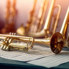 Obraz premium Professional Brass Musical Instruments and Sheet Music in Retro Collegiate Setting Authentic Education Content for Inspiring Music Marketing Campaigns