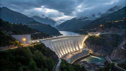 Stunning Aerial View of Dam Surrounded by Mountains and Lake