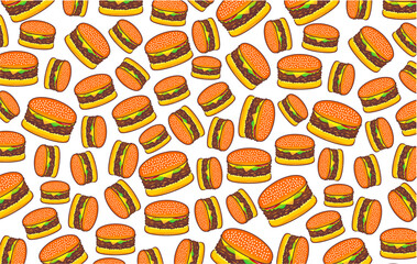 Cartoon burger pattern background. Seamless pattern of burger. Cute cheeseburger of hamburger pattern background. Hamburger pattern. Vector illustration of burger pattern background.
