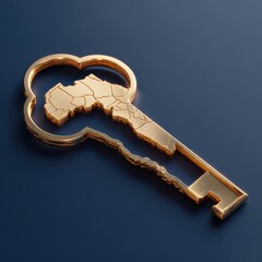 Golden Key with Africa Map on Blue Background