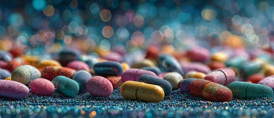 Vivid pharmaceutical wonders in a calming blue setting. Digital innovation. Subtle arrangement of vibrant medication on a pastel blue background. Human partnership. Intelligent systems.