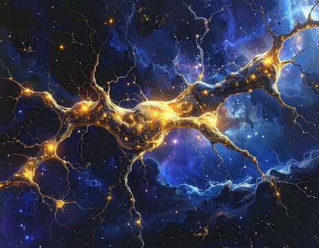 A cosmic neural network, with golden tendrils stretching across a deep blue starry expanse, showcasing intricate detail and a vibrant interplay of light and color.