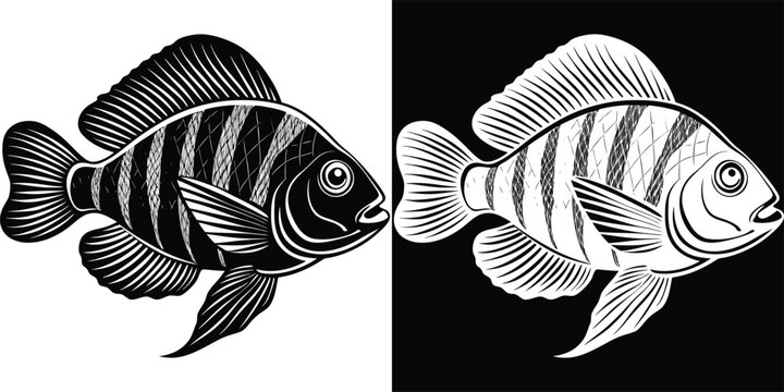Striking black and white fish illustration with bold stripes, perfect for aquatic themes and design projects.