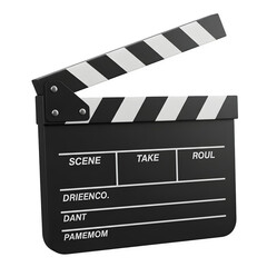 Obraz premium 3D rendered movie clapperboard isolated on white background, perfect for film, cinema, video production, and creative media design projects.