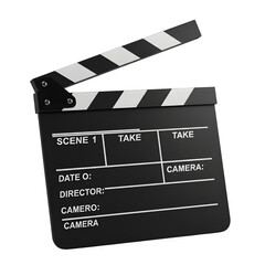 Obraz premium 3D rendered movie clapperboard isolated on white background, perfect for film, cinema, video production, and creative media design projects.