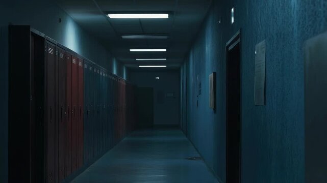 Dimly lit corridor with lockers, creating mysterious atmosphere
