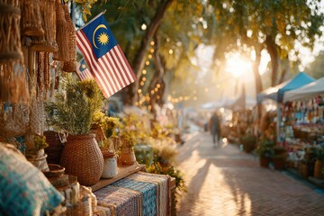 Naklejka premium Vibrant Market Scene at Sunset with Malaysian Flag, Colorful Stalls and Warm Lighting, Capturing the Essence of Local Culture and Community Life