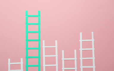 Paper red and white stairs on pink background. Business concept