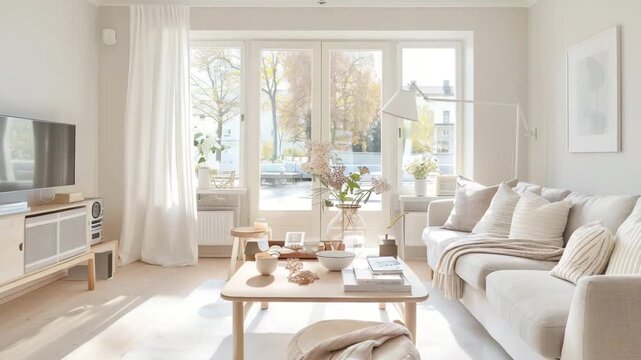 Scandinavian living room with light wooden furniture, soft textiles, and large windows