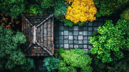 Zen garden aerial perspective with lush foliage, tranquil stone path, and rustic rooftop texture