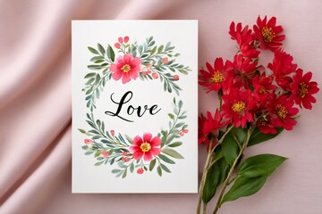 Love greeting card with floral watercolor wreath and red indian paintbrush flowers