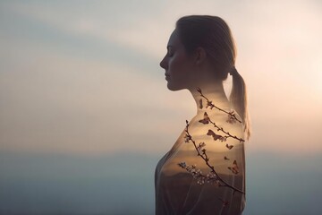 Ethereal double exposure of woman with nature elements at sunset