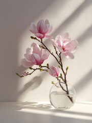 Obraz premium Magnolia Blossom Branch in Glass Vase with Sunlight and Shadow on Textured Wall