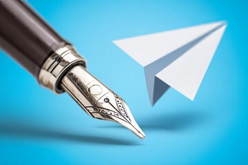 Fountain Pen and Paper Airplane on Blue Background Concept