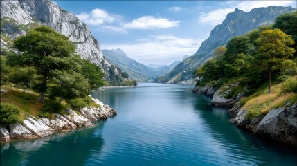 Tranquil Lake Pyrenees mountains and sky on sunny day