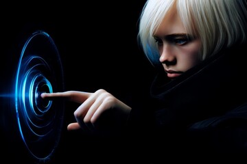 Futuristic Portrait of a Person Touching a Holographic Interface