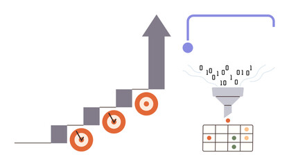 Binary data flowing into a funnel, creating categorized outputs on a table beside a growth arrow and staircase with targets. Ideal for data analysis, decision-making, process optimization, business
