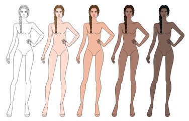 Colored skin tones fashion croquis figurines hand on hip with braided hairstyle woman in vector.