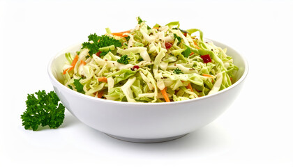 Creamy coleslaw with shredded cabbage, carrots, and parsley in a white bowl on a white background