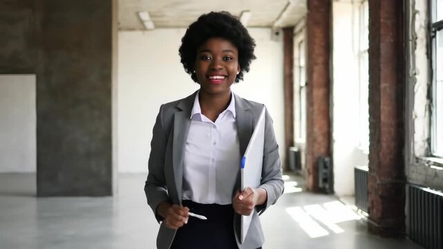 Smiling African American woman in business suit holding document folder in empty modern office, real estate concept, architecture