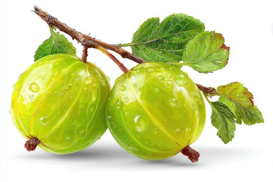 Two vibrant green gooseberries on branch with leaves, water droplets