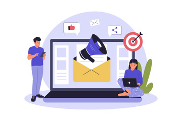 Email Marketing Strategy and Team Collaboration. Professionals Working Together to Execute a Digital Marketing Campaign, Highlighting Teamwork and Strategy. Flat Vector Illustration