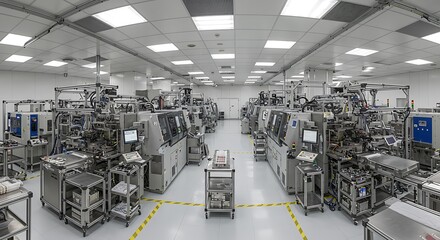 Futuristic smart factory interior showcasing an automated production line and innovative industrial technology