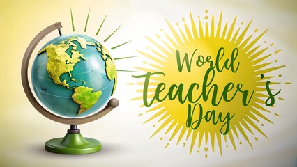 Photo of a globe with the text world teachers day and a bright sunburst, celebrating educators worldwide