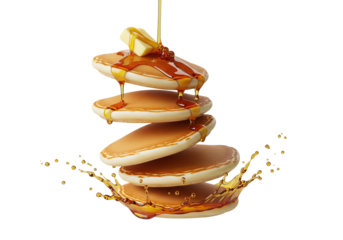 Dynamic Stack of Collapsing Pancakes with Syrup and Butter Isolated on White