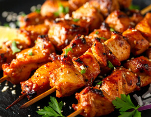 Mouthwatering chicken satay freshly grilled skewers with smoky aroma golden brown texture and flavorful peanut sauce presentation