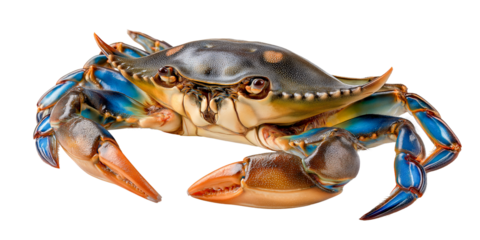 Striking Crab Display: A solitary crab with vibrant blue claws and striking eyes rests peacefully, a testament to nature's intricate design. 
