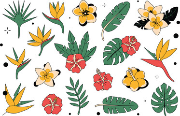 Obraz premium Exotic tropical flowers and leaves pattern evoking island vibes perfect for summer designs and vibrant backgrounds