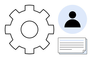 Gear beside user profile icon and stack of documents, representing teamwork, productivity, project management, workflow, settings, resource organization, and accountability. Ideal for simple flat