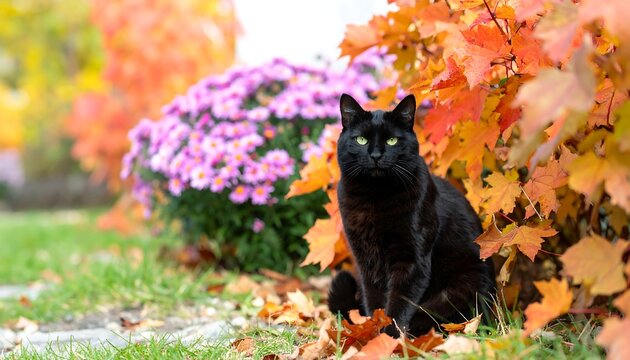 Black cat amidst autumn foliage
