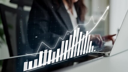 A focused businesswoman analyzes data trends on her laptop, utilizing a graph overlay to visualize growth in a modern office environment. Copula - Powered by Adobe