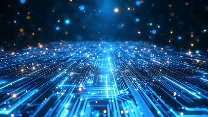 Abstract glowing circuit board with data pathways and digital particles suspended in a dark space - Powered by Adobe
