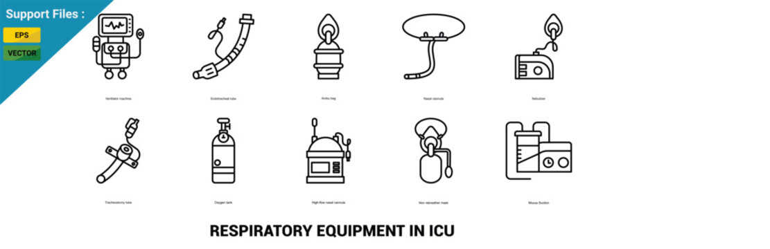 respiratory equipment in  ICU icon set. Ventilator machine, Endotracheal tube, Tracheostomy tube, Oxygen mask, and Nebulizer. icon vector illustration.