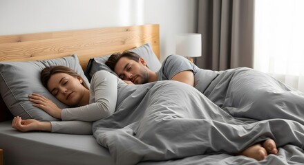 A harmonious scene of a couple peacefully sleeping side by side in a comfortable bed, illustrating the importance of restful sleep for well-being
