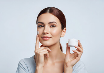 Young woman applying moisturizing cream to her face for skincare