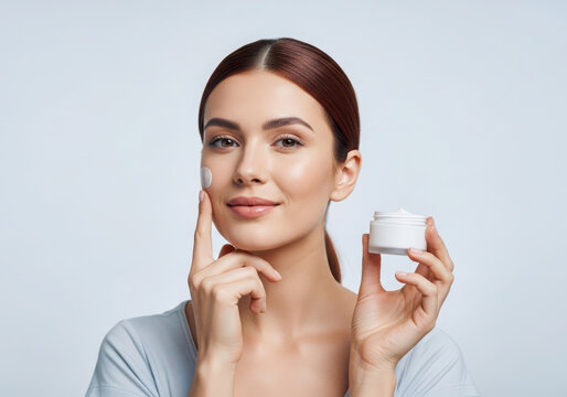 Young woman applying moisturizing cream to her face for skincare